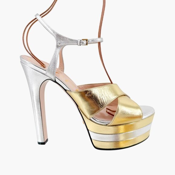 Gucci Angel Platform Sandals Size 40 US 10 Gold Silver GG Criss Cross High Heel - Picture 10 of 15